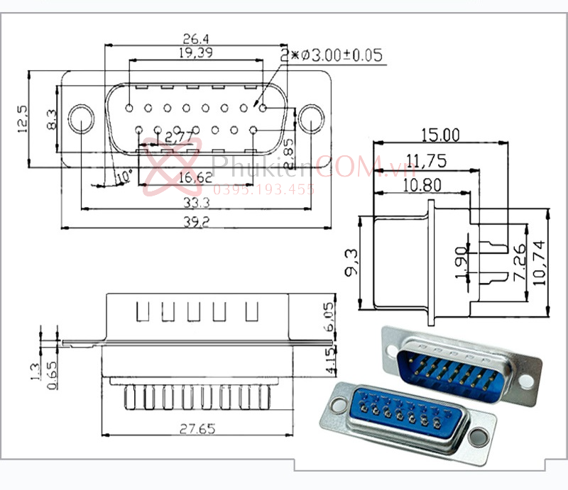 kích thước đầu hàn db15 chân đực