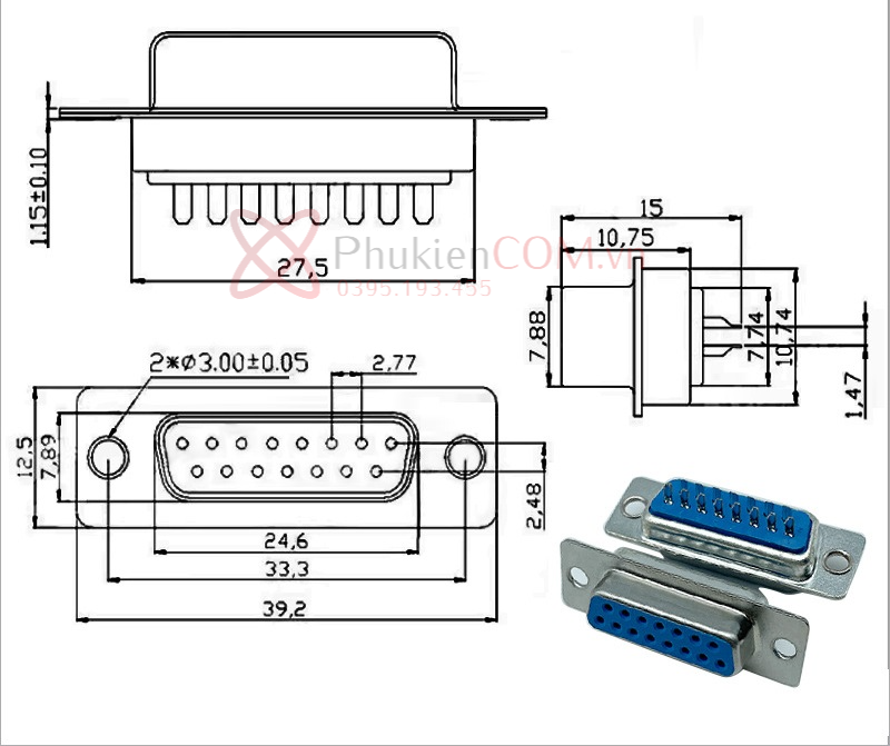 kích thước Đầu hàn COM DB15 chân cái