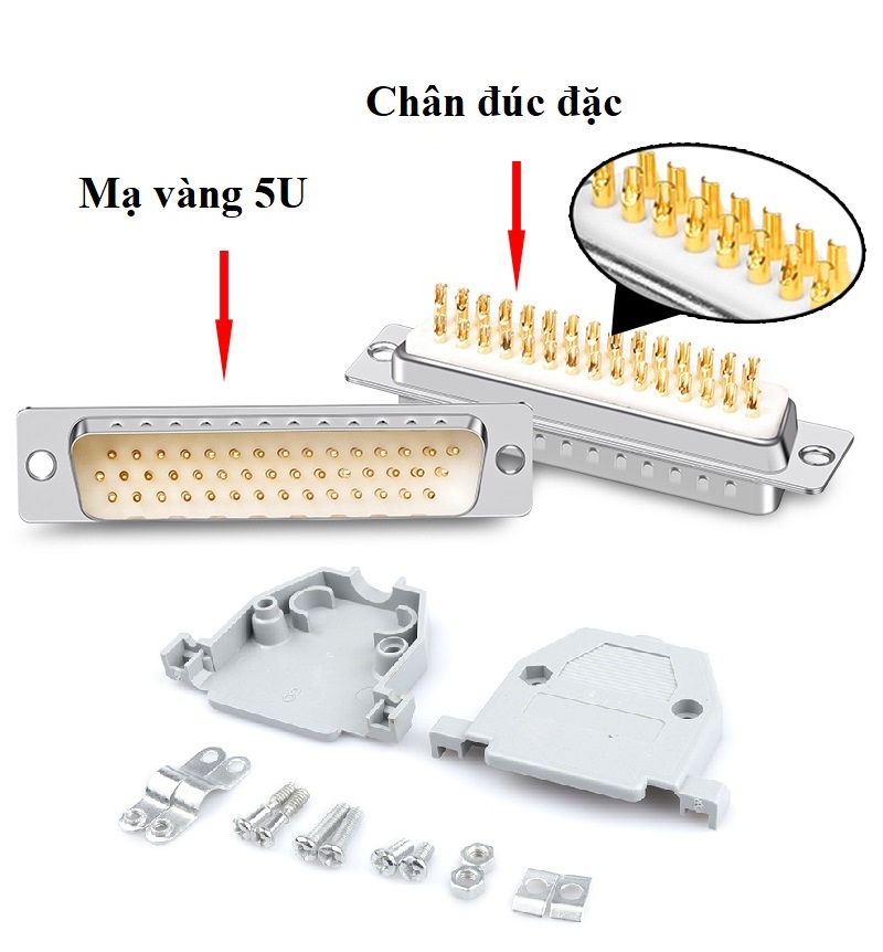 DB44 chân đực mạ vàng nguyên khối kèm ốp nhựa vặn vít