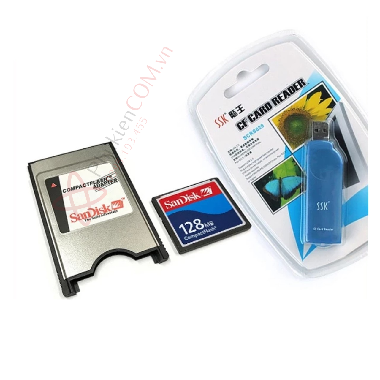 Thẻ nhớ CF Sandisk Compact Flash dung lượng 128mb kèm áo thẻ, đầu đọc thẻ nhớ