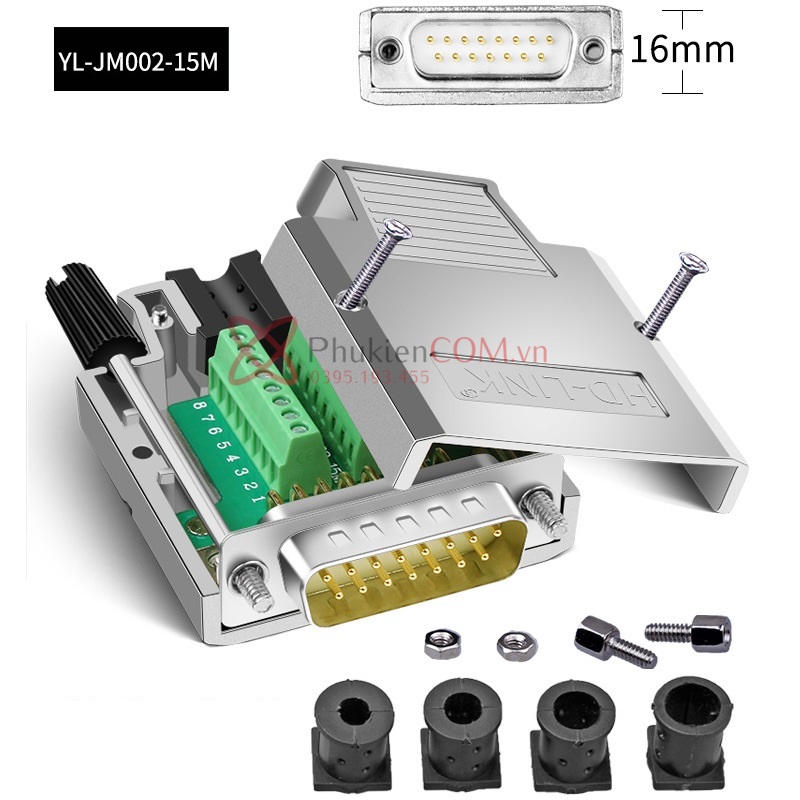 Đầu giắc không hàn DB15 đực/male vỏ ốp kim loại