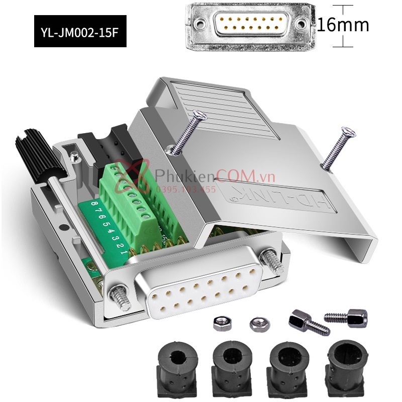 Đầu giắc không hàn DB15 cái vỏ ốp kim loại