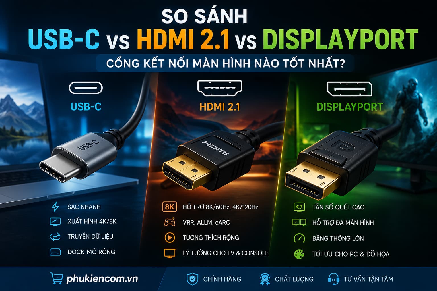 So sánh USB-C, HDMI 2.1 với DisplayPort kết nối màn hình chuẩn nhất