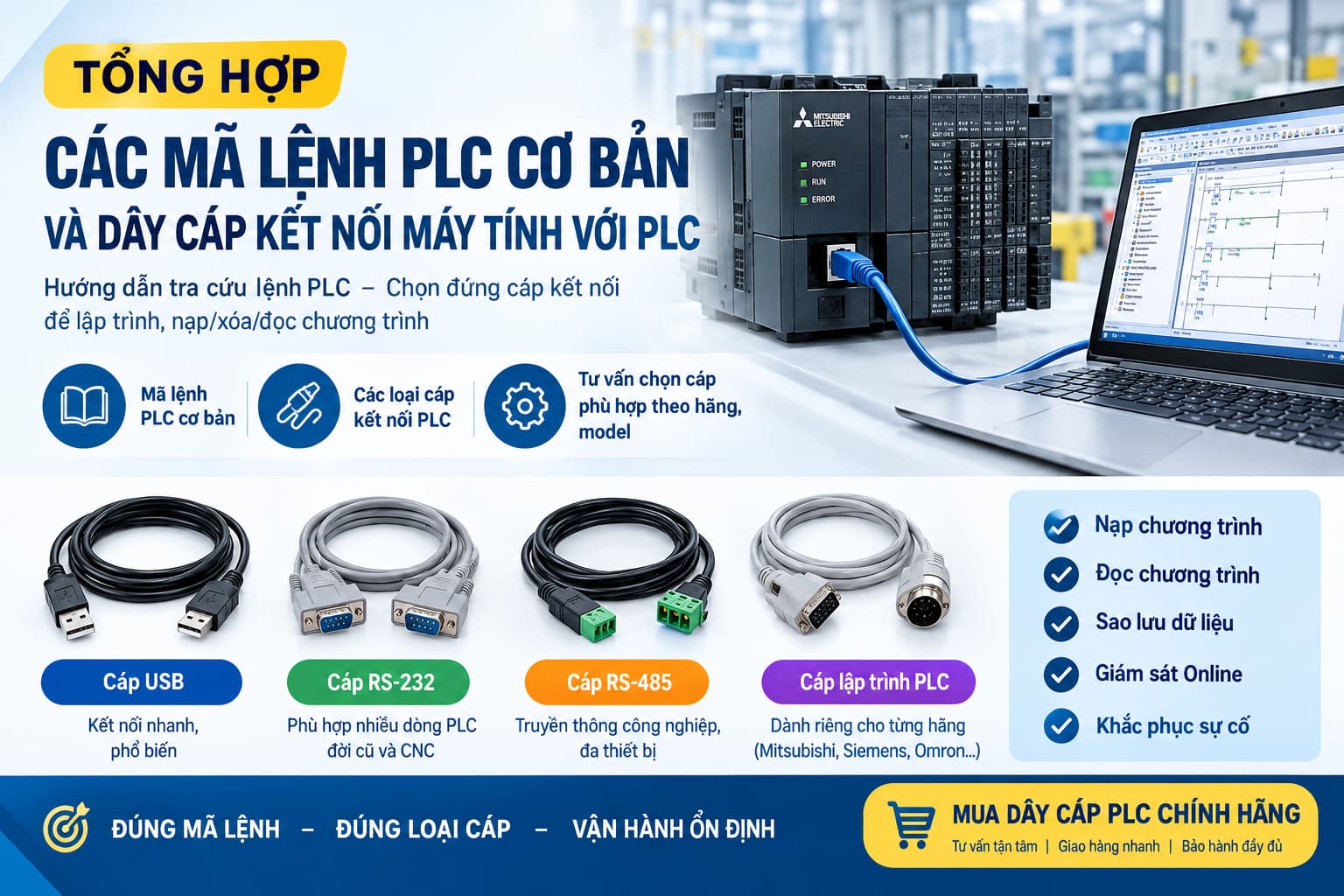 Tổng hợp các mã lệnh PLC cơ bản Hướng dẫn chọn cáp kết nối PLC với máy tính
