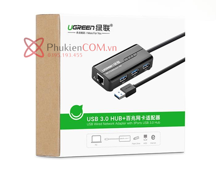 Cáp chia USB 3.0 3Port kèm cổng Ethernet LAN 1000Mb Ugreen 20265