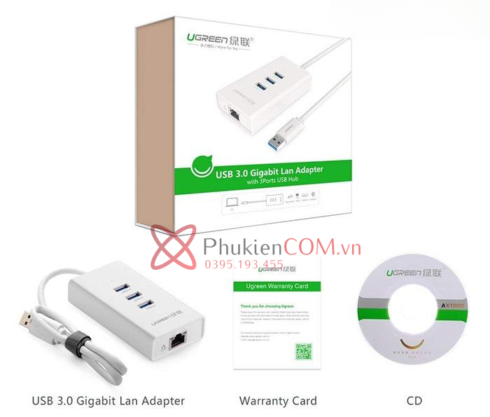 Cáp chia USB ra 3 USB 3.0 kèm LAN 1000 Gigabit Ugreen 20260