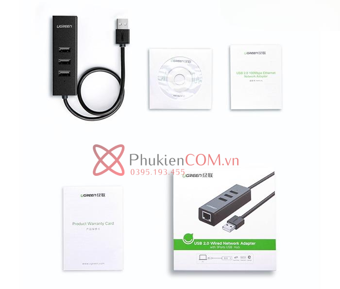 Cáp chia USB 1 ra 3 kèm cổng LAN Ethernet Ugreen 30301