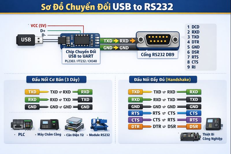 Sơ đồ chuyển đổi chân USB to RS232 chuẩn kết nối