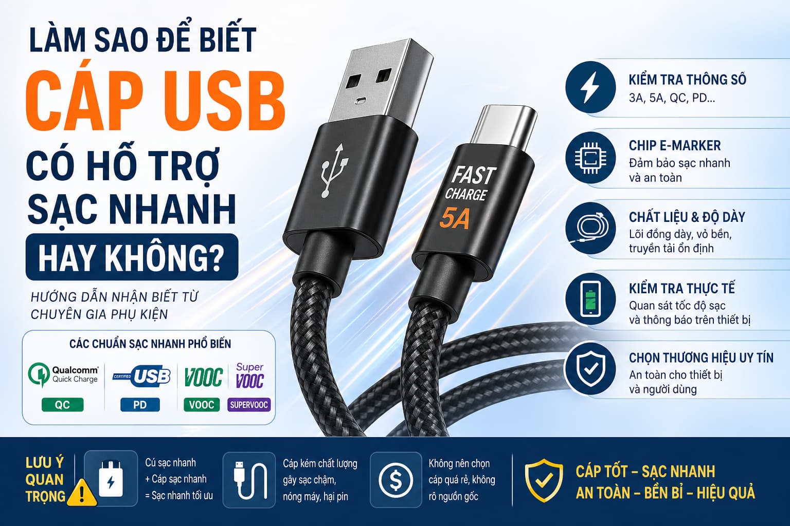 Làm sao để biết cáp USB có hỗ trợ sạc nhanh hay không?