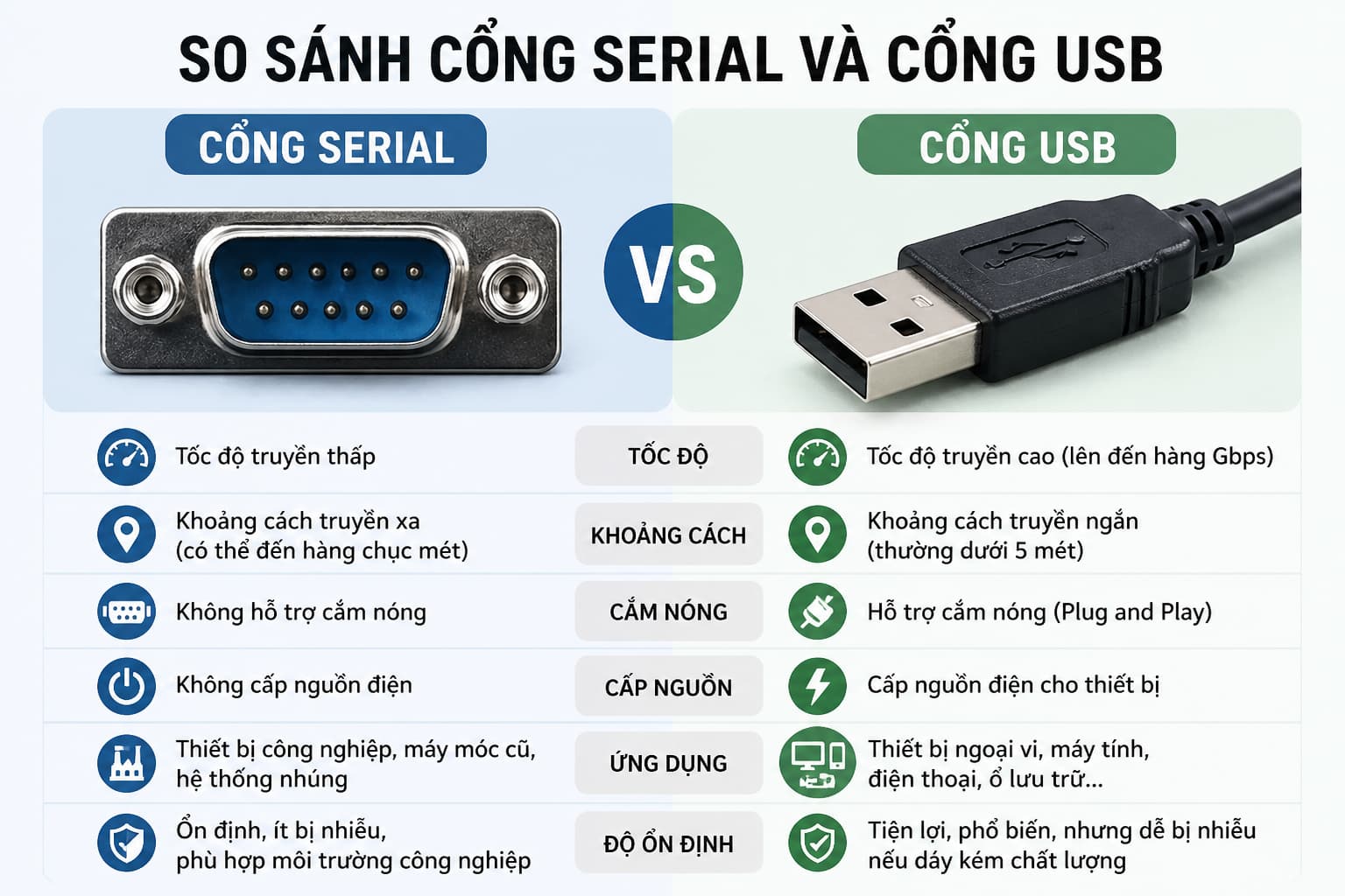 Sự khác biệt giữa cổng Serial và cổng USB là gì