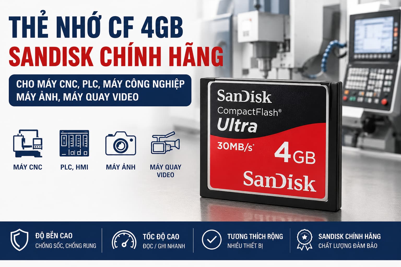 Thẻ Nhớ CF 4GB Sandisk Chính Hãng Máy Công Nghiệp, Máy Ảnh Máy Quay
